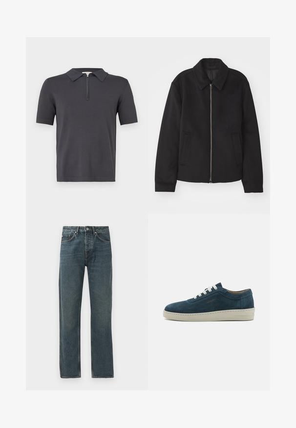 Juodas švarkas su užtrauktuku, pritaikyta forma, apvaliu apykakle ir kišenėmis su plyšiu. Pagamintas iš lygios, tekstūruotos medžiagos.; Tamsiai pilkos spalvos marškiniai polo su trumomis rankovėmis, apykakle ir pusiau užtrauktuku priekyje. Pagaminti iš minkštos medžiagos su lygiu paviršiumi.; Tamsiai mėlyni džinsai su tiesiomis kojomis, turintys penkis kišenes, mygtuko uždarymą ir kontrastingus siuvimo akcentus.; Mėlyni zomšiniai sportbačiai su suapvalintu priekiu, baltais raišteliais ir guminėmis padais. Yra subtilių siuvinėjimų ir ženklas ant šono.