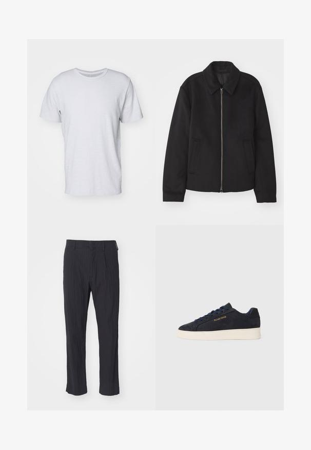 Melnā jaka ar rāvējslēdzēju, piegrieztas formas dizains, noapaļots apkakle un šķēluma kabatas. Izgatavota no gludas, teksturētas auduma.; Balts puskrekla t-kreklu, izgatavotu no viegla kokvilnas. Īsas piedurknes un nedaudz teksturēta auduma. Nav redzamu rakstu vai akcentu.; Melnas plisētās bikses ar teksturētu audumu, kas ir taisna kāju dizainā un ar standarta jostasvietu. Nav redzamu kabatu vai metāla elementu.; Navy zila zamšas zema augstuma kedas ar baltu zoli, navy krāsas auklām un "Filling Pieces" logo zeltā sānos.