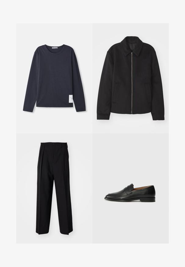 Jachetă neagră cu închidere prin fermoar, design ajustat, guler rotund și buzunare cu fanta. Fabricată dintr-un material neted, texturat.; Tricou cu mânecă lungă și guler rotund, din bumbac de culoare bleumarin închis, cu o textură moale, având un mic eticheta albă pe partea stângă.; Pantaloni negri plisat cu un design drept și pantaloni largi. Construiți dintr-un material neted, prevăzuți cu închidere cu nasture și bucle pentru curea.; Lofer din piele neagră, cu vârf rotund, detalii cusute subtile și toc jos, având o textură netedă și un design minimalist.