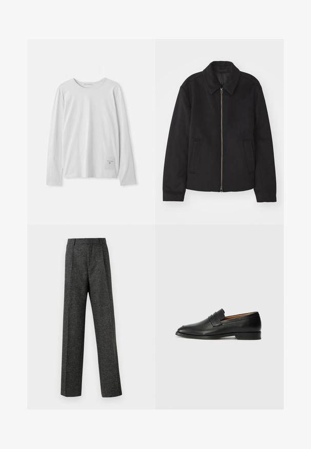 Casaco preto com fecho de correr, design ajustado, colarinho redondo e bolsos com fenda. Feito de um tecido liso e texturizado.; T-shirt branco de manga longa feito de algodão macio. Possui um decote redondo e uma pequena etiqueta de marca no canto inferior esquerdo.; Calças cinzentas ajustadas, feitas de um tecido texturizado, com duas pregas frontais e um design de perna reta. Sem bolsos visíveis ou enfeites.; Sapatilha de couro preta com biqueira arredondada, detalhes cosidos discretos e um salto baixo, apresentando uma textura suave e um design minimalista.