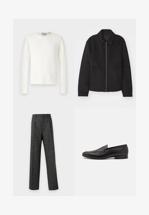 Juodas švarkas su užtrauktuku, pritaikyta forma, apvaliu apykakle ir kišenėmis su plyšiu. Pagamintas iš lygios, tekstūruotos medžiagos.; Balta ilga rankovė termoaktyvi marškinė su ribota tekstūra, apvaliu iškirpimu ir juostelėmis aplink riešus. Švarus dizainas be raštų ar papildomų akcentų.; Pilki pritaikyti kelnių modeliai, pagaminti iš tekstūruotos medžiagos, su dviem priekiniais klostėmis ir tiesiogine kojų forma. Nėra matomų kišenių ar puošybų.; Juodi odiniai loafersai su šiuolaikiniu dizainu, apvaliu smailiu ir žemu pakeltu kulnu. Apatinėje dalyje yra dekoratyvinis siuvinėjimo detalė.