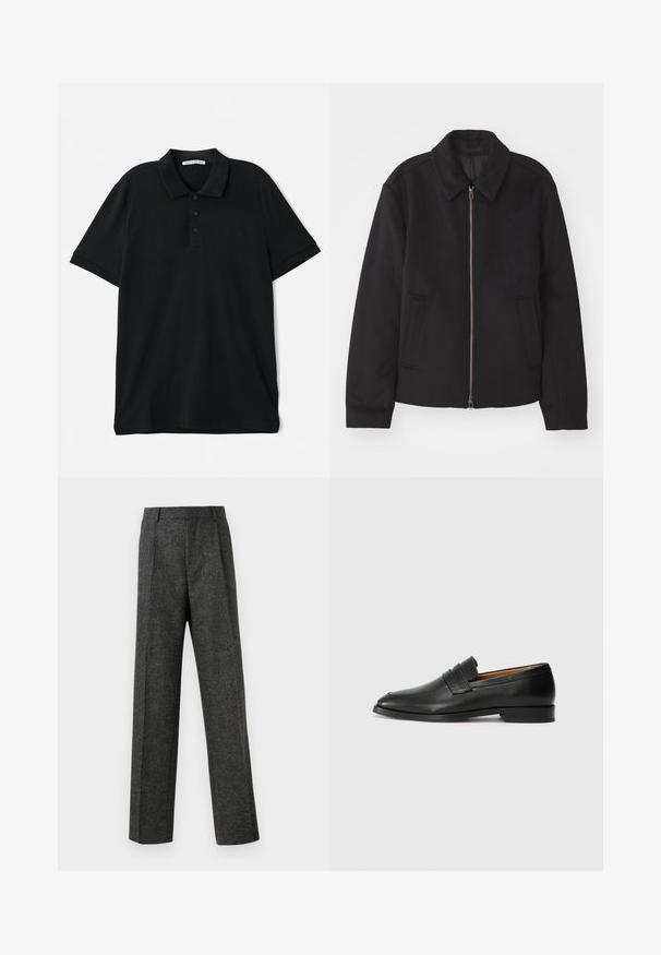 Čierna bunda so zipsom, upravený strih, okrúhly golier a bočné vrecká. Vyrobená z hladkej, textúrovanej látky.; Čierna polo košeľa vyrobená z bavlny, s klasickým golierom, trojkoľkovou légou, krátkymi rukávmi a diskrétnym logom vpredu.; Sivé úzke nohavice z textúrovanej látky, s dvoma prednými skladmi a rovnými nohavicami. Bez viditeľných vreciek alebo ozdôb.; Čierne kožené mokasíny s okrúhlou špičkou, jemným prešitím a nízkym podpätkom, s hladkou textúrou a minimalistickým dizajnom.