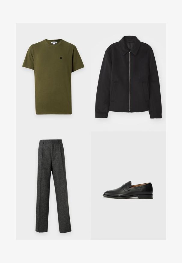 Melnā jaka ar rāvējslēdzēju, piegrieztas formas dizains, noapaļots apkakle un šķēluma kabatas. Izgatavota no gludas, teksturētas auduma.; Olive krāsas kokvilnas T-kreklis ar apaļu kaklu un īsām piedurknēm. Uz kreisā krūškurvja ir neliels melns emblēma. Parasta tekstūra.; Pelēki piegriezti bikses, izgatavotas no tekstūras auduma, ar diviem priekšējiem krokām un taisnu kāju dizainu. Nav redzamu kabatu vai rotājumu.; Melnas ādas loafers ar noapaļotu purngala formu, smalku izšuvumu un zemu papēdi, piedāvājot gludu tekstūru un minimālistisku dizainu.