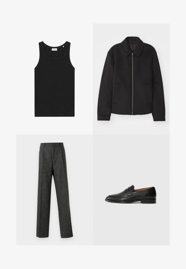 Casaco preto com fecho de correr, design ajustado, colarinho redondo e bolsos com fenda. Feito de um tecido liso e texturizado.; Camisola preta sem mangas feita de um tecido suave. Apresenta um decote arredondado e bordas limpas, com um design simples e sem logótipos visíveis.; Calças cinzentas ajustadas, feitas de um tecido texturizado, com duas pregas frontais e um design de perna reta. Sem bolsos visíveis ou enfeites.; Sapatilha de couro preta com biqueira arredondada, detalhes cosidos discretos e um salto baixo, apresentando uma textura suave e um design minimalista.