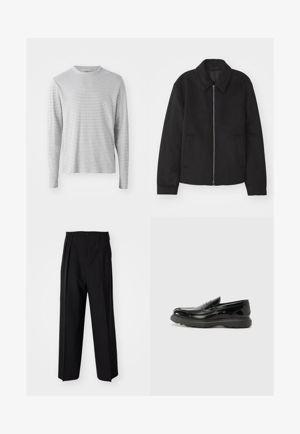 Giacca nera con chiusura con zip, design sartoriale, collo arrotondato e tasche a fessura. Realizzata in un tessuto morbido e texture.; Camicia a maniche lunghe di un grigio chiaro con sottili righe orizzontali. Collo rotondo, tessuto morbido e vestibilità casual. Nessun hardware o dettagli visibili.; Pantaloni neri a pieghe con un design dritto e gamba larga. Realizzati in tessuto morbido, con chiusura a bottone e passanti per cintura.; Mocassino in pelle nera con finitura lucida, punta arrotondata, dettagli di cucitura sottili e suola in gomma spessa per una maggiore durata.