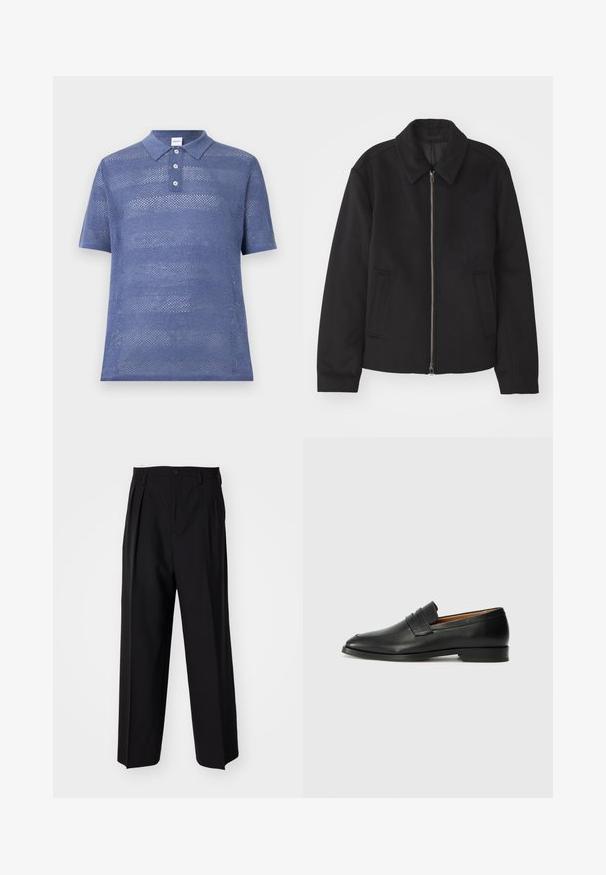 Čierna bunda so zipsom, upravený strih, okrúhly golier a bočné vrecká. Vyrobená z hladkej, textúrovanej látky.; Modrá, krátkoprstá polo tričko vyrobené z otvoreného pleteného materiálu. Má golier s tromi gombíkmi a textúrovaný pruhovaný vzor.; Čierne skladané nohavice s rovnom, širokým strihom. Vyrobené z hladkého materiálu, s gombíkovým zapínaním a pútkami na opasok.; Čierne kožené mokasíny s okrúhlou špičkou, jemným prešitím a nízkym podpätkom, s hladkou textúrou a minimalistickým dizajnom.