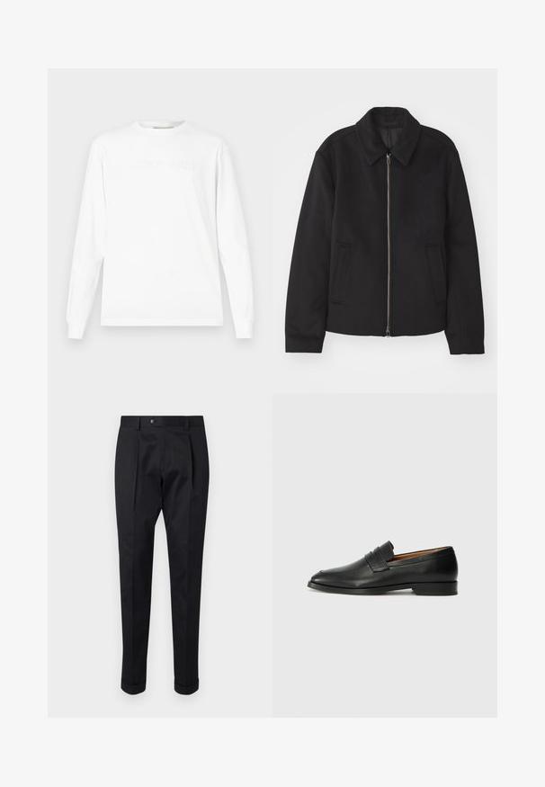 Fekete dzseki cipzárral, testreszabott dizájnnal, kerek nyakkal és zsebekkel. Sima, texturált anyagból készült.; Hosszú ujjú fehér pamut póló, mellrészen dombornyomott "LST801-WH25" felirattal, kerek nyakkivágással és szegélyezett ujjakkal.; Fekete nadrág sima anyagból, elöl hajtással, gombos záródással és felgöngyölt szárakkal a bokánál.; Fekete bőr mokaszin, kerek orral, diszkrét varrásokkal és alacsony sarokkal, sima felülettel és minimalista dizájnnal.