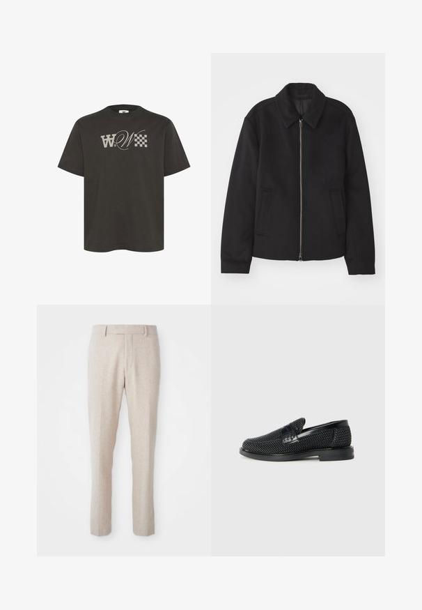Chaqueta negra con cierre de cremallera, diseño ajustado, cuello redondeado y bolsillos con abertura. Fabricada en un tejido suave y texturizado.; Camiseta de algodón gris oscuro con un gran logo estilizado en forma de "W" y un patrón de cuadros en la parte frontal. Diseño de mangas cortas y cuello redondo.; Pantalones tejidos beige con corte recto, que cuentan con una parte frontal plana, presillas para cinturón y sin patrones visibles ni detalles de hardware.; Zapato negro de tejido con un acento de cuero suave en la parte superior, diseño de punta redonda y suela de goma de perfil bajo.