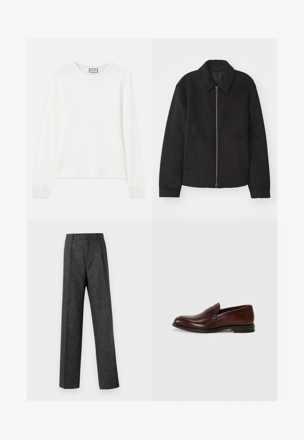 Jachetă neagră cu închidere prin fermoar, design ajustat, guler rotund și buzunare cu fanta. Fabricată dintr-un material neted, texturat.; Cămășuță albă, cu mâneci lungi, din tricot cu model rib și guler de tip crew. Are un etichetă cu inscripția "PAUL & JOE" la guler.; Pantaloni gri ajustați din țesătură texturată, prezentând două pliere frontale și un design drept. Fără buzunare vizibile sau ornamente.; Mocasini din piele maro, cu vârf rotunjit, detaliu cu bandă frontală și toc scăzut. Textură netedă, cu accente decorative minime.