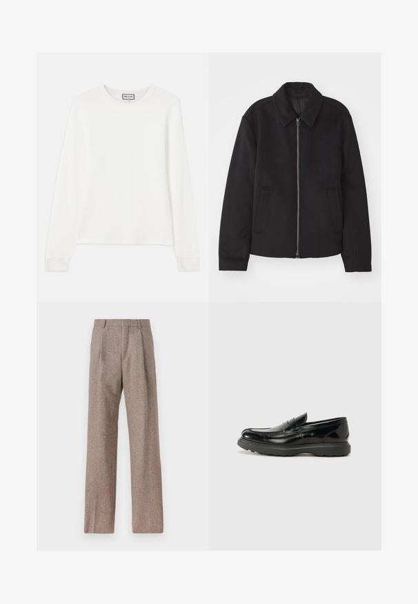 Fekete dzseki cipzárral, testreszabott dizájnnal, kerek nyakkal és zsebekkel. Sima, texturált anyagból készült.; Fehér, hosszú ujjú bordázott kötött felső, kerek nyakkivágással és testhez simuló mandzsettákkal. A galléron a "PAUL & JOE" feliratú címke található.; Barna, magas derekú nadrág texturált anyagból. Széles szárai és két elülső redője biztosítja a struktúrát. Ízléses kivitel, látható fémszerelés nélkül.; Fekete bőr loafer, fényes felülettel, kerek orral, diszkrét varrási részletekkel és vastag gumitalppal a tartósság érdekében.