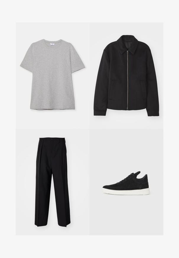 Casaco preto com fecho de correr, design ajustado, colarinho redondo e bolsos com fenda. Feito de um tecido liso e texturizado.; T-shirt cinza de mangas curtas feito de um tecido macio e texturizado. Possui um colarinho clássico redondo e uma bainha reta, adequado para uso casual.; Calças pretas plissadas com um design reto e de perna larga. Feitas de um tecido liso, apresentam um fecho de botão e passantes para cinto.; Sapatilha de camurça preta com sola de borracha branca, apresentando costuras tonais e um design com atacadores. Textura suave com uma forma moderna e simplificada.