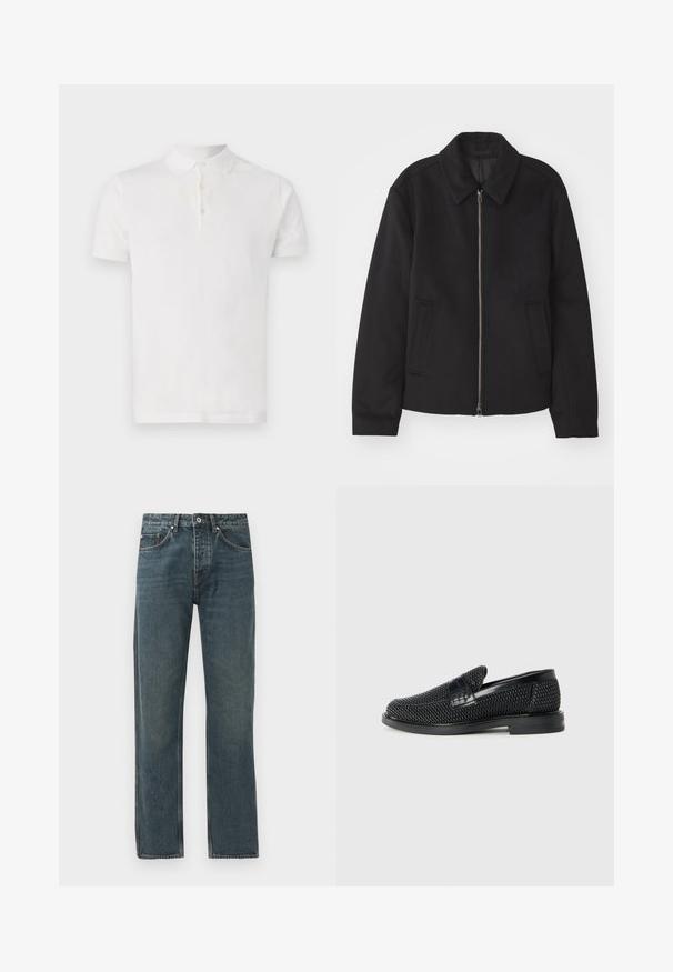 Veste noire avec fermeture éclair, design ajusté, col arrondi et poches fendue. Fabriquée dans un tissu lisse et texturé.; Polo shirt blanc à manches courtes en coton, avec un col classique et un plastron à trois boutons. Texture lisse, coupe standard.; Jeans en denim bleu foncé avec une coupe droite, dotés de cinq poches, d'une fermeture à bouton et de détails de surpiqûres contrastants.; Chaussure slip-on tissée noire avec un accent en cuir lisse sur le dessus, un design à bout rond et une semelle en caoutchouc à profil bas.