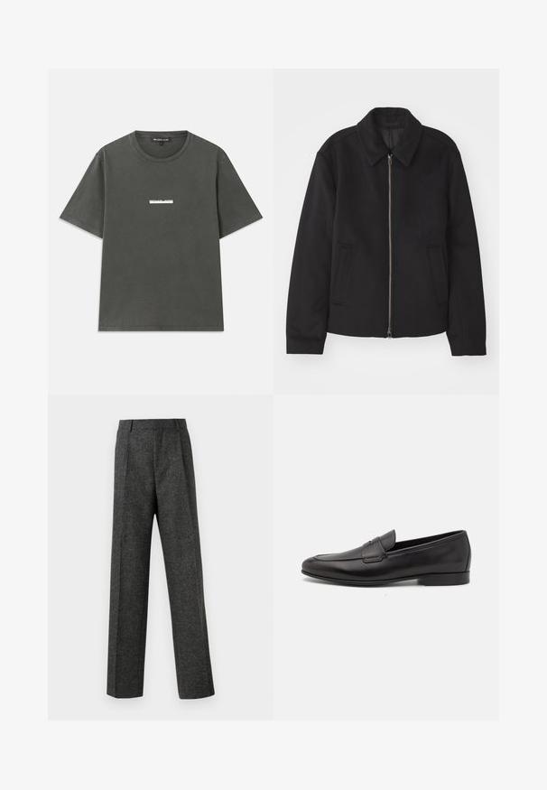 Chaqueta negra con cierre de cremallera, diseño ajustado, cuello redondeado y bolsillos con abertura. Fabricada en un tejido suave y texturizado.; Camiseta de algodón gris de manga corta, con escote redondo y un logo blanco impreso en el pecho. Textura suave con un diseño casual.; Pantalones gris ajustados hechos de una tela texturizada, con dos pliegues frontales y un diseño de pierna recta. Sin bolsillos visibles ni adornos.; Mocasín negro de cuero para hombres con un tacón bajo y un diseño clásico de cinta para monedas, mostrado en perfil lateral sobre un fondo blanco.