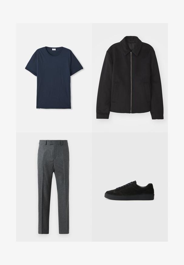 Czarna kurtka z zamkiem błyskawicznym, dopasowany krój, okrągły kołnierz i kieszenie cięte. Wykonana z gładkiego, teksturowanego materiału.; Granatowa koszulka z krótkim rękawem i okrągłym dekoltem z małą białą metką wewnątrz kołnierza na białym tle.; Szare dopasowane spodnie z delikatnym wzorem w kratę, prostą nogawką i gładką teksturą materiału. Posiadają szlufki na pasek i zamek błyskawiczny.; Czarne zamszowe sneakersy z płaską, teksturowaną podeszwą, okrągłym czubkiem, sześcioma otworami na sznurowadła oraz minimalistycznym designem.
