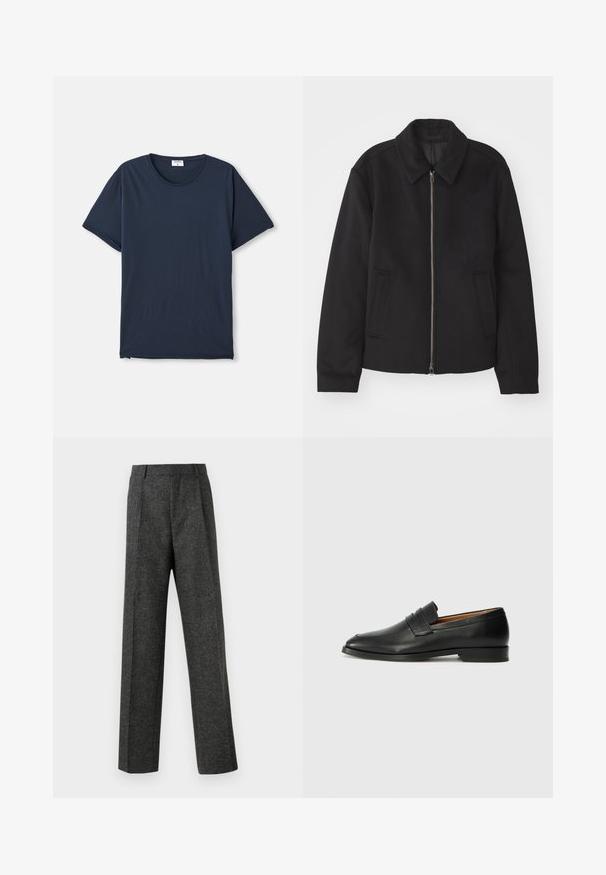 Black jacket with a zip closure, tailored design, a rounded collar, and slit pockets. Made from a smooth, textured fabric.; Navy blue short-sleeve crew neck t-shirt with a small white label inside the collar on a white background.; Gray tailored trousers made of textured fabric, featuring two front pleats and a straight-leg design. No visible pockets or embellishments.; Black leather loafer with a rounded toe, subtle stitched detailing, and a low heel, featuring a smooth texture and minimalist design.