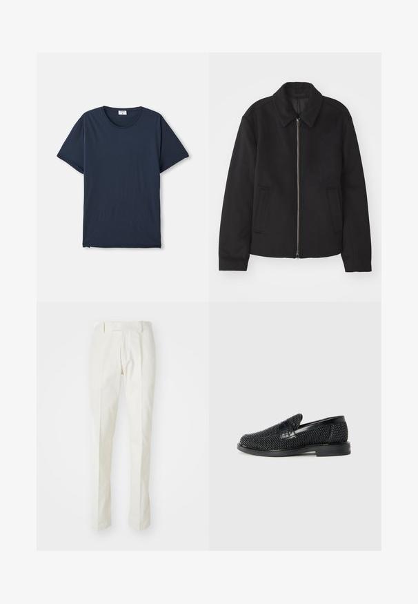 Melnā jaka ar rāvējslēdzēju, piegrieztas formas dizains, noapaļots apkakle un šķēluma kabatas. Izgatavota no gludas, teksturētas auduma.; Tumši zils īsajām piedurknēm kreklu ar apaļu kakla izgriezumu, uz baltas fona atrodas neliela balta etiķete iekšpusē apkaklītē.; Baltas kokvilnas bikses ar taisnu kāju dizainu, plakanu priekšpusi un bez redzamām rakstu vai aprīkojuma detaļām. Gluda tekstūra.; Melnas austas slaidu kurpes ar gludu ādas akcentu augšpusē, apaļas formas purngalu un zemas profila gumijas zoli.