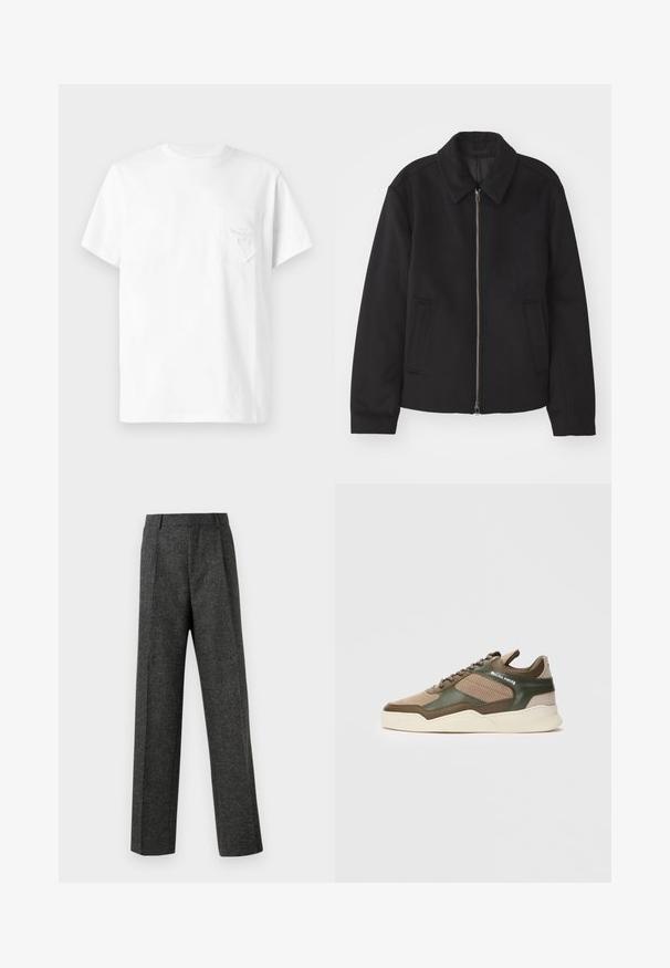 Giacca nera con chiusura con zip, design sartoriale, collo arrotondato e tasche a fessura. Realizzata in un tessuto morbido e texture.; Maglietta bianca a maniche corte con colletto rotondo e una piccola tasca frontale caratterizzata da un testo e un design ricamati in modo sottile.; Pantaloni grigi su misura realizzati in tessuto strutturato, con due pieghe frontali e un design a gamba dritta. Nessuna tasca o decorazione visibile.; Sneaker basse beige e verde con lati perforati, suola bianca, lacci frontali e branding "FILLING PIECES" sul pannello laterale.