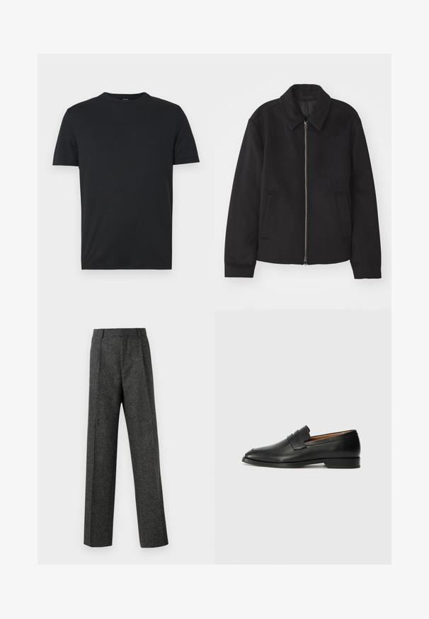Čierna bunda so zipsom, upravený strih, okrúhly golier a bočné vrecká. Vyrobená z hladkej, textúrovanej látky.; Čierne tričko s krátkym rukávom vyrobené z hladkej, jemnej látky s okrúhlym výstrihom a minimalistickým dizajnom. Žiadne viditeľné logá alebo vzory.; Sivé úzke nohavice z textúrovanej látky, s dvoma prednými skladmi a rovnými nohavicami. Bez viditeľných vreciek alebo ozdôb.; Čierne kožené mokasíny s okrúhlou špičkou, jemným prešitím a nízkym podpätkom, s hladkou textúrou a minimalistickým dizajnom.