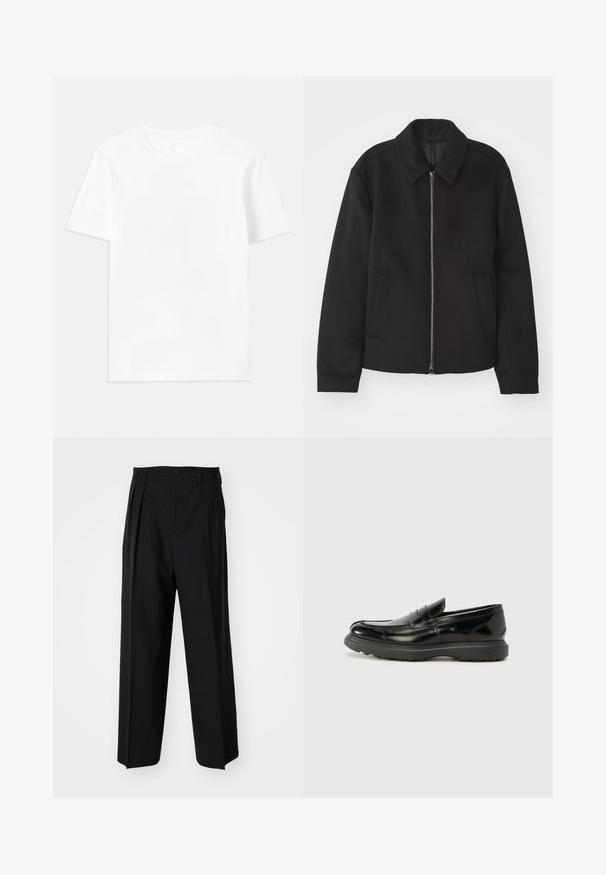 Schwarze Jacke mit Reißverschluss, tailliertem Schnitt, rundem Kragen und Schlitztaschen. Hergestellt aus einem glatten, strukturierten Stoff.; Weißes Baumwoll-T-Shirt mit klassischem Rundhalsausschnitt und kurzen Ärmeln, das eine glatte Textur und einen regulären Schnitt aufweist.; Schwarze, plissierte Hose mit geradem, weitem Bein. Hergestellt aus glattem Stoff, mit Knopfverschluss und Gürtelschlaufen.; Schwarze Lederloafer mit glanzendem Finish, abgerundetem Zehenbereich, subtilen Steppnähten und einer dicken Gummisohle für Langlebigkeit.