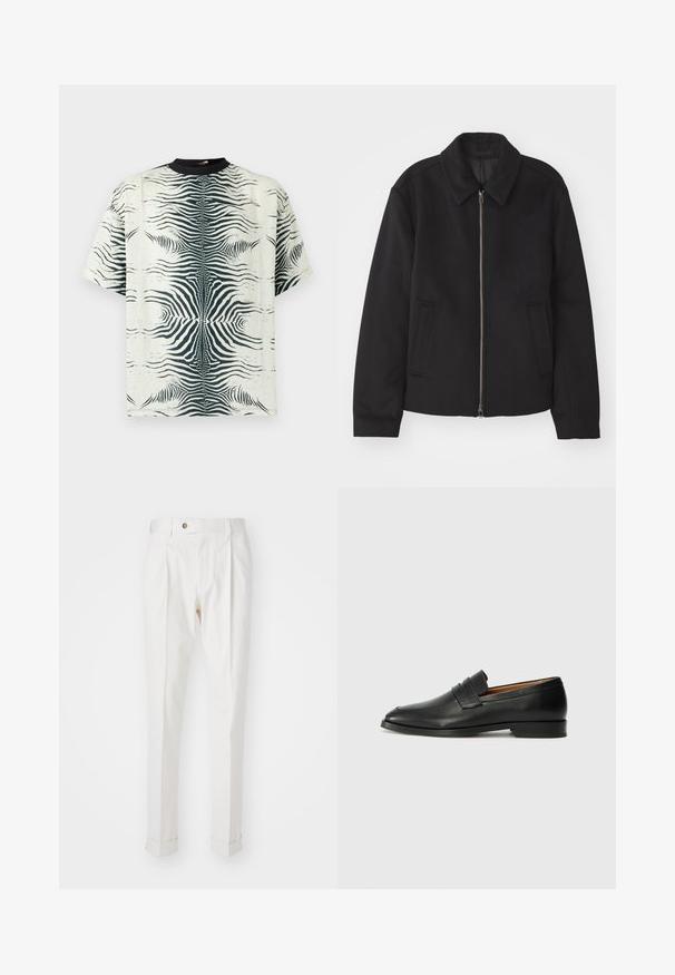 Čierna bunda so zipsom, upravený strih, okrúhly golier a bočné vrecká. Vyrobená z hladkej, textúrovanej látky.; Tričko s krátkym rukávom z krémového materiálu s čiernym zebrovým pruhom, s okrúhlym výstrihom a vo voľnom strihu.; Biele, prispôsobené nohavice s plochým predným dielom, dvoma záhybmi a zrolovanými manžetami. Vyrobené z hladkej tkaniny s gombíkovým zapínaním v páse.; Čierne kožené mokasíny s okrúhlou špičkou, jemným prešitím a nízkym podpätkom, s hladkou textúrou a minimalistickým dizajnom.