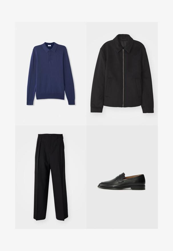 Czarna kurtka z zamkiem błyskawicznym, dopasowany krój, okrągły kołnierz i kieszenie cięte. Wykonana z gładkiego, teksturowanego materiału.; Granatowy sweter polo z długim rękawem, wykonany z miękkiej dzianiny. Posiada klasyczny kołnierzyk, trzy guziki oraz ściągacze przy rękawach i u dołu.; Czarne plisowane spodnie o prostym, szerokim kroju nogawek. Wykonane z gładkiego materiału, z zapięciem na guzik i pętelkami na pasek.; Czarne skórzane mokasyny z zaokrąglonym noskiem, subtelnymi przeszyciami i niskim obcasem, charakteryzujące się gładką teksturą i minimalistycznym designem.