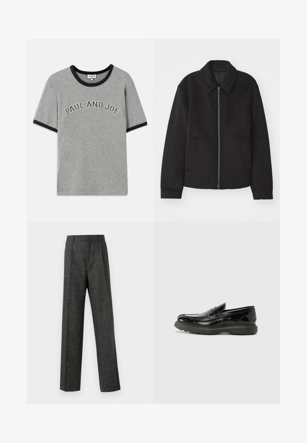 Černá bunda se zipovým uzávěrem, střižená designem, kulatým límcem a kapsami na bocích. Vyrobena z hladké, strukturované tkaniny.; Šedé bavlněné tričko s černým žebrovaným límcem a manžetami na rukávech, s textem "PAUL AND JOE" v bílém klenutém písmu na přední straně.; Šedé kalhoty na míru vyrobené z texturované tkaniny, s dvěma předními záhyby a rovnými nohavicemi. Bez viditelných kapes nebo ozdob.; Černé kožené mokasíny s lesklým povrchem, kulatou špičkou, nenápadnými švy a silnou gumovou podrážkou pro odolnost.
