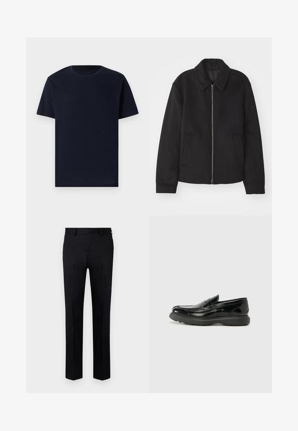 Black jacket with a zip closure, tailored design, a rounded collar, and slit pockets. Made from a smooth, textured fabric.; Navy blue cotton T-shirt with short sleeves, round neckline, and a smooth texture. Simple design, no patterns or graphics.; Black trousers made of smooth fabric, featuring a straight-leg design, front crease, and belt loops at the waist. No visible patterns or accents.; Black leather loafer with a glossy finish, rounded toe, subtle stitching details, and a thick rubber sole for durability.