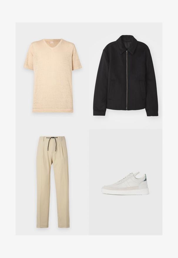 Musta takki vetoketjukiinnityksellä, muotoiltu design, pyöreä kaulus ja viilto-taskut. Valmistettu sileästä, tekstuuripinnoitteisesta kankaasta.; Beige lyhythihainen V-pääkallo T-paita, joka on valmistettu kevyestä, teksturoidusta kankaasta; siinä on rento istuvuus ja minimaalista ompelutaittelua.; Harmaat housut suoran istuvuuden omaavat, varustettuna narukiristyksellä vyötäröllä, laskostetulla edessä ja sileällä pinnalla. Yksinkertainen, monikäyttöinen muotoilu.; Valkoiset nahkakengät, joissa on harmaat mokka yksityiskohdat, nauhoitusmalli, vetotuki ja tekstuurinen kumipohja, jossa on sahalaitakuviota.