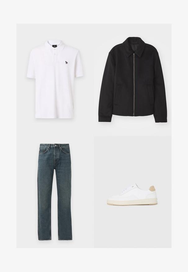 Casaco preto com fecho de correr, design ajustado, colarinho redondo e bolsos com fenda. Feito de um tecido liso e texturizado.; Camisa polo branca feita de algodão, com colarinho clássico, placket de dois botões e um pequeno logo de zebra multicolorido no peito.; Calças de ganga azul-escuro com um design de perna reta, apresentando cinco bolsos, um fecho com botão e detalhes de costura em contraste.; Sapatilhas brancas de cano baixo com parte superior em couro texturizado, sola cream estriada e detalhe em tan no calcanhar. Apresenta atacadores brancos e detalhe do logótipo no calcanhar.