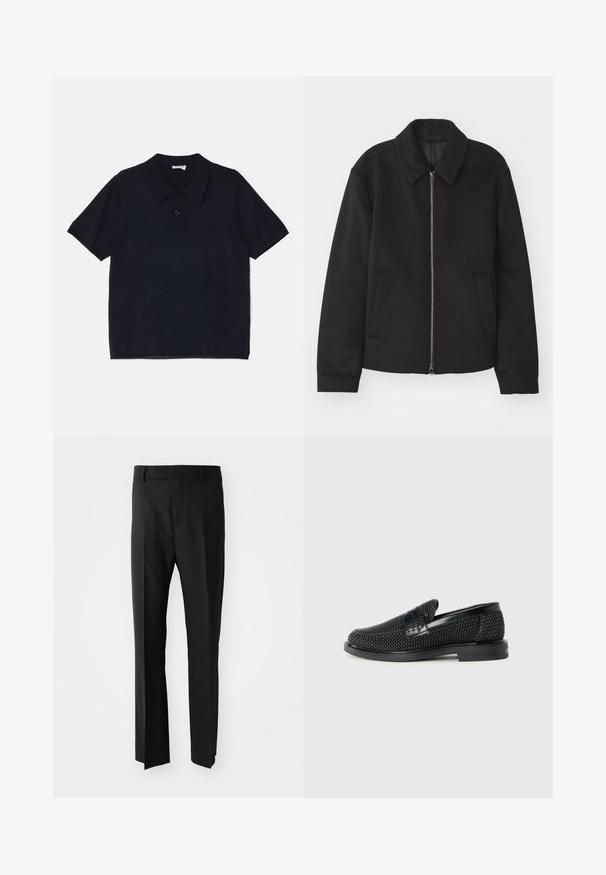 Černá bunda se zipovým uzávěrem, střižená designem, kulatým límcem a kapsami na bocích. Vyrobena z hladké, strukturované tkaniny.; Černé polo tričko s krátkým rukávem vyrobené z měkké, lehké tkaniny. Obsahuje klasický límec a zapínání na knoflíky vpředu.; Černé kalhoty s rovný fit, vyrobené z hladké tkaniny, s páskem se smyčkami a bočními kapsami. Žádné viditelné vzory nebo akcenty.; Černé pletené nazouvací boty s hladkým koženým akcentem na svršku, kulatou špičkou a nízkoprofilovou gumovou podrážkou.