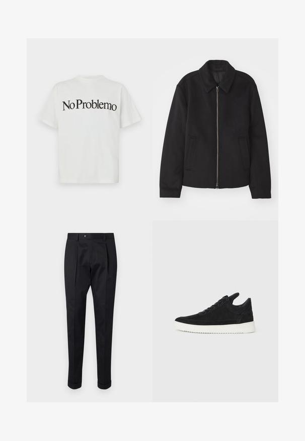 Juodas švarkas su užtrauktuku, pritaikyta forma, apvaliu apykakle ir kišenėmis su plyšiu. Pagamintas iš lygios, tekstūruotos medžiagos.; Balta medvilninė marškinėlių su trumpomis rankovėmis ir apvaliu kaklu. Priekyje juodu šriftu užrašyta „No Problemo“ drąsiu, išlenktu šriftu.; Juodos kelnės pagamintos iš lygaus audinio, su raukšle priekyje, mygtuko uždarymu ir suknežintomis rankovėmis ties kulkšnimi.; Juodų suede sportbačių su balta gumine padu, su toniniais siuvinėjimais ir raištelių užsegimu. Sklandus paviršius su šiuolaikine, laiko forma.
