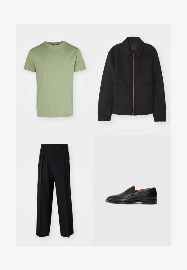 Sort jakke med lynlås, skræddersyet design, rund krave og slidser. Fremstillet af et glat, textureret stof.; J.LINDEBERG T-shirts basic - olivine; Sorte plisserede bukser med et lige, bred ben-design. Fremstillet af glat stof, med en knaplukning og bæltesløjfer.; Sort læder loafer med rund tå, diskret syning, og lav hæl, der har en glat tekstur og minimalistisk design.