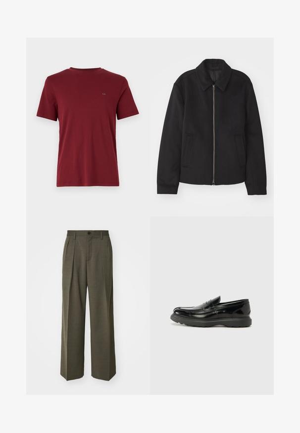 Fekete dzseki cipzárral, testreszabott dizájnnal, kerek nyakkal és zsebekkel. Sima, texturált anyagból készült.; Bordó kerek nyakú póló sima pamut anyagból. Rövidujjú, normál szabású, kis logóval a mellen.; Filippa K WIDE TROUSERS - Nadrágok - driftwood; Fekete bőr loafer, fényes felülettel, kerek orral, diszkrét varrási részletekkel és vastag gumitalppal a tartósság érdekében.