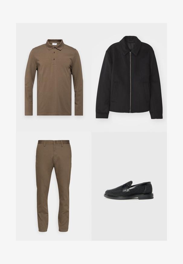 Zwarte jas met ritssluiting, op maat gemaakte ontwerp, ronde kraag en splitzakken. Gemaakt van een gladde, gestructureerde stof.; Langsleeve bruin poloshirt gemaakt van zachte stof, met een klassieke kraag, drieknoopsluiting en subtiele stikdetails.; Bruine stretchstofbroek met een slim fit. Kenmerkt zich door een gladde tailleband, riemlussen en twee voorzakken.; Zwartegeweven instap schoenen met een glad leren accent aan de bovenkant, een ronde neusontwerp en een laag profiel rubberen zool.