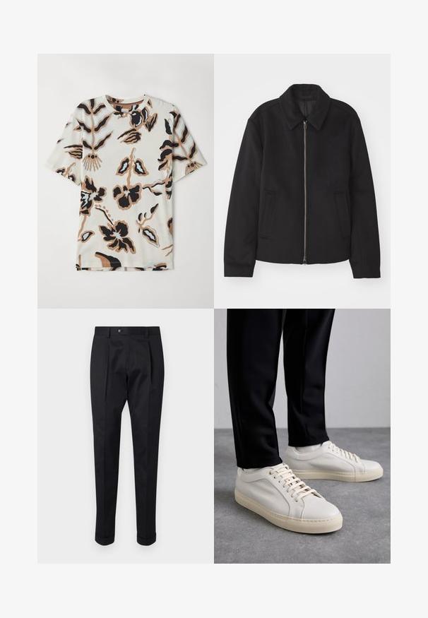 Schwarze Jacke mit Reißverschluss, tailliertem Schnitt, rundem Kragen und Schlitztaschen. Hergestellt aus einem glatten, strukturierten Stoff.; Kurzärmliges T-Shirt aus weichem Stoff, mit einem cremefarbenen Hintergrund und abstrakten Blumenmustern in Schwarz, Braun und Hellblau.; Schwarze Hosen aus einem glatten Stoff, mit einem Faltenwurf vorne, einem Knopfverschluss und umgeschlagenen Säumen am Knöchel.; Helle beigefarbene Leder-Sneaker mit flachen Schnürsenkeln, einer strukturierten Oberfläche und einer kontrastierenden, cremefarbenen Gummisohle, kombiniert mit schwarzen eng geschnittenen Hosen.