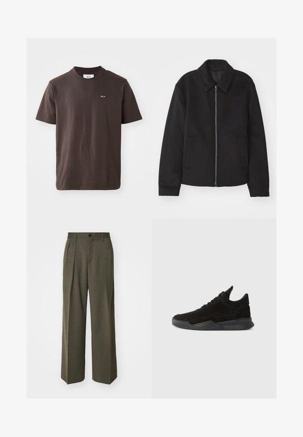 Chaqueta negra con cierre de cremallera, diseño ajustado, cuello redondeado y bolsillos con abertura. Fabricada en un tejido suave y texturizado.; Camiseta de algodón marrón con cuello de pico acanalado. Presenta un pequeño logo blanco en el lado izquierdo del pecho. Mangas cortas y dobladillo recto.; Filippa K WIDE TROUSERS - Pantalones - driftwood; Zapatilla de ante negro con un perfil bajo, parte superior texturizada, cordones planos y una suela de goma sólida que presenta un ligero tacón y un diseño curvado.
