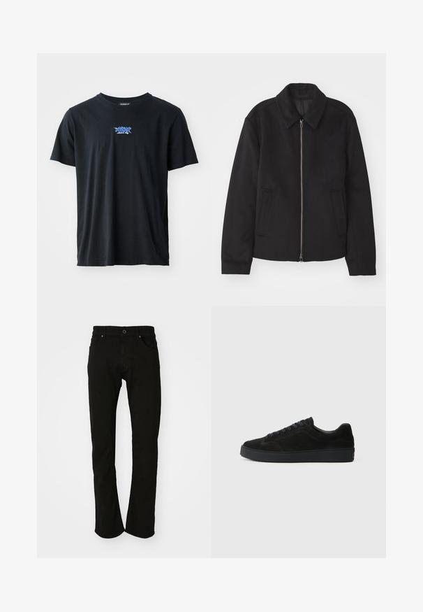 Must mustriga, mis on varustatud lukuga, kohandatud disaini, ümarate kaeluste ja lõhesalongidega taskudega. Valmistatud siledast, tekstuurilisest kangast.; Must musta T-särk lühikeste varrukatega ja ümmarguse kaelusega. Ees on sinine logo. Lihtne, klassikaline disain.; Mustad denimpüksid sirge lõikega, klassikalise vöökohaga, ees taskutega ja siledast tekstuurist. Nähtavad mustrid või aktsendid puuduvad.; Must have musta tennisjalats madala, tekstuuriga talla, ümara varbaga, kuue silmaga paelte jaoks ja minimalistlik disain.
