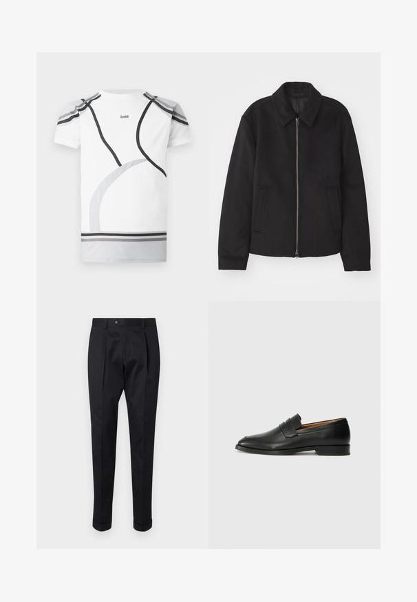 Jachetă neagră cu închidere prin fermoar, design ajustat, guler rotund și buzunare cu fanta. Fabricată dintr-un material neted, texturat.; Tricou sport alb cu accente curbate gri și negru, panouri de plasă pe umeri și un logo pe spate. Proiectat pentru un aspect ajustat și confort.; Pantaloni negri dintr-un material neted, cu o pliță în față, închidere cu nasture și manșete răsucite la gleznă.; Lofer din piele neagră, cu vârf rotund, detalii cusute subtile și toc jos, având o textură netedă și un design minimalist.