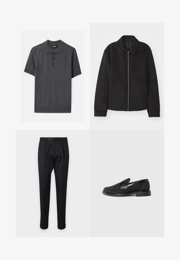 Čierna bunda so zipsom, upravený strih, okrúhly golier a bočné vrecká. Vyrobená z hladkej, textúrovanej látky.; Tmavošedé polo tričko vyrobené z hladkej tkaniny, s trojitém zapínaním na gombíky, krátkymi rukávmi a jemne embosovaným logom na hrudi.; Čierne nohavice vyrobené zo hladkej látky, s skladom vpredu, zapínaním na gombík a roľovanými manžetami na členkoch.; Čierne tkané slip-on topánky s hladkým koženým akcentom na vrchnej časti, s okrúlym dizajnom špičky a nízkoprofilovou gumovou podrážkou.