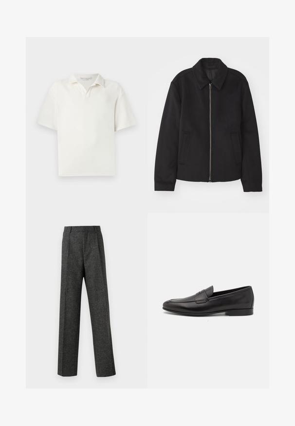 Zwarte jas met ritssluiting, op maat gemaakte ontwerp, ronde kraag en splitzakken. Gemaakt van een gladde, gestructureerde stof.; Korte mouwen polo-shirt in het wit, gemaakt van een textuurstof. Heeft een klassieke kraag en een subtiele placket met twee knopen.; Grijze op maat gemaakte broek van gestructureerde stof, met twee voorplooien en een rechte pijp. Geen zichtbare zakken of versieringen.; Zwarte leren herenloafers met een lage hak en een klassiek pennystrap-ontwerp, getoond in zijaanzicht op een witte achtergrond.