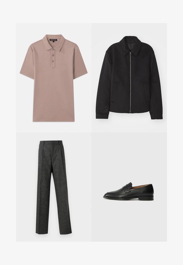 Melnā jaka ar rāvējslēdzēju, piegrieztas formas dizains, noapaļots apkakle un šķēluma kabatas. Izgatavota no gludas, teksturētas auduma.; Gaiša brūna polo krekls ar īsām piedurknēm, trīs pogu aizdare un izšūts "MK" logs uz krūtīm. Gluda tekstūra.; Pelēki piegriezti bikses, izgatavotas no tekstūras auduma, ar diviem priekšējiem krokām un taisnu kāju dizainu. Nav redzamu kabatu vai rotājumu.; Melnas ādas loafers ar noapaļotu purngala formu, smalku izšuvumu un zemu papēdi, piedāvājot gludu tekstūru un minimālistisku dizainu.