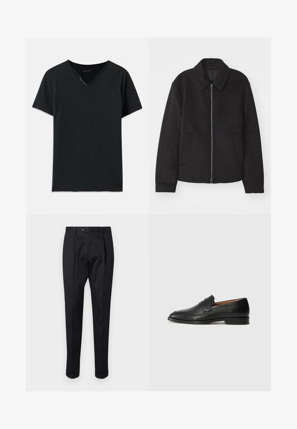 Svart jacka med dragkedjestängning, skräddarsydd design, rund krage och slitsfickor. Tillverkad av ett slätt, strukturerat tyg.; Svart bomulls-T-shirt med V-hals, korta ärmar och fem knappar vid halsringningen. Slät textur med minimala sömnadsdetaljer.; Svarta byxor i ett glatt tyg, med en veck fram, knappstängning och uppvikta nederkant vid anklarna.; Svart läderloafersko med rund tå, subtila sömnadsdetaljer och låg klack, med en jämn yta och minimalistisk design.