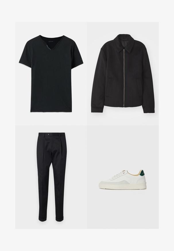 Crna jakna s patentnim zatvaračem, prilagođenog dizajna, zaobljenim kragnom i proreznim džepovima. Izrađena od glatkog, teksturiranog materijala.; Crna pamučna majica s V-izrezom, kratkim rukavima i pet dugmadi na izrezu. Glatka tekstura s minimalnim detaljima šavova.; Crne hlače od glatkog materijala, s preklopom sprijeda, kopčanjem na gumb i smotanim manžetama na gležnju.; Bijele tenisice s akcentima od antilopa, zaobljenim vrhom, ravnim vezicama i krem gumenim potplatom. Imaju zelenu oznaku na peti.
