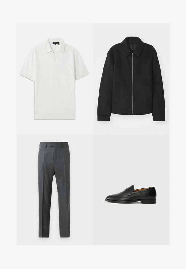 Schwarze Jacke mit Reißverschluss, tailliertem Schnitt, rundem Kragen und Schlitztaschen. Hergestellt aus einem glatten, strukturierten Stoff.; Weißes Poloshirt mit kurzen Ärmeln, strukturiertem Muster, V-Ausschnitt und weichem Stoff. Verfügt über dezente, klare Linien und eine legere Passform.; Graue maßgeschneiderte Hose mit feinem Karomuster, geradem Schnitt und glatter Stoffoberfläche. Mit Gürtelschlaufen und Reißverschluss. ; Schwarze Leder-Slipper mit runder Zehenform, dezenten gestickten Details und niedrigem Absatz, ausgestattet mit glatter Textur und minimalistischem Design.