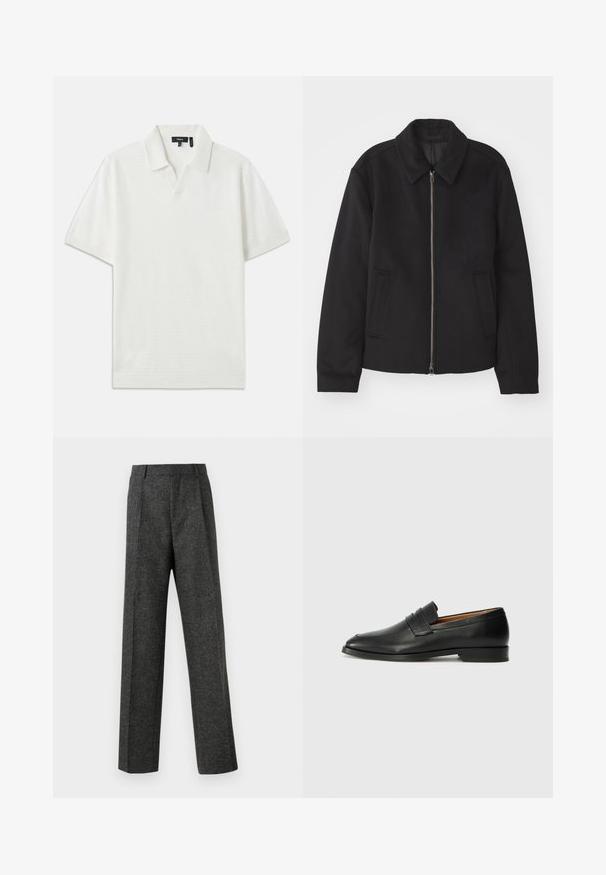 Casaco preto com fecho de correr, design ajustado, colarinho redondo e bolsos com fenda. Feito de um tecido liso e texturizado.; Camisa polo branca de manga curta com um padrão texturizado, colarinho em V e tecido suave. Apresenta linhas discretas e limpas e um ajuste descontraído.; Calças cinzentas ajustadas, feitas de um tecido texturizado, com duas pregas frontais e um design de perna reta. Sem bolsos visíveis ou enfeites.; Sapatilha de couro preta com biqueira arredondada, detalhes cosidos discretos e um salto baixo, apresentando uma textura suave e um design minimalista.