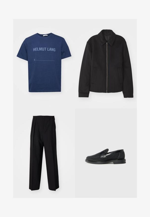 Musta takki vetoketjukiinnityksellä, muotoiltu design, pyöreä kaulus ja viilto-taskut. Valmistettu sileästä, tekstuuripinnoitteisesta kankaasta.; Tummansininen puuvillapaita lyhyillä hihoilla, jossa on vaaleansinisellä painettu "HELMUT LANG" ja tyhjät rivit alla.; Mustat laskostetut housut, joissa on suora, leveä lahje. Valmistettu sileästä kankaasta, jossa on nappisuljenta ja vyölenkit.; Musta kudottu liukupohjallinen kenka, jossa on sileä nahkakorostus päällisessä, pyöreä kärki ja matala kumipohja.