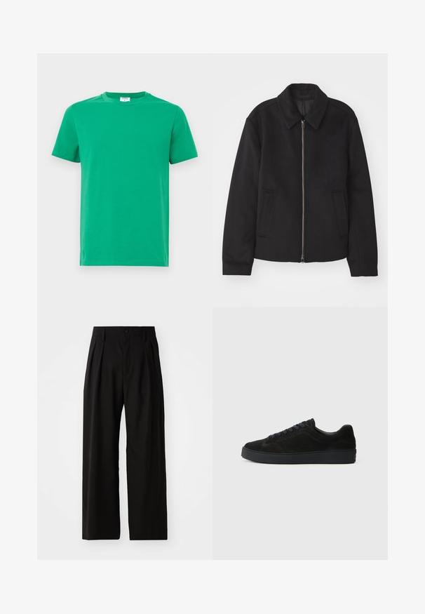 Fekete dzseki cipzárral, testreszabott dizájnnal, kerek nyakkal és zsebekkel. Sima, texturált anyagból készült.; Zöld pamut póló rövid ujjakkal, kerek nyakkivágással és sima textúrával. Egyszerű design, minták vagy díszítések nélkül.; Fekete, széles lábú nadrág sima textúrával, két elülső redővel, gombos záródással és oldalsó zsebekkel. Tartós anyag.; Fekete velúr sneaker lapos, texturált talppal, kerek orral, hat fűzőlyukkal és minimalista dizájnnal.