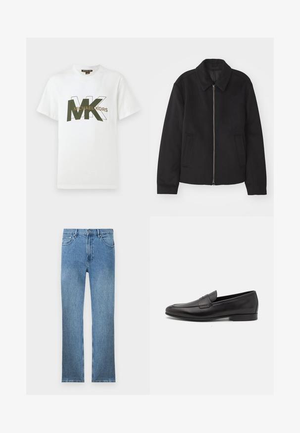 Black jacket with a zip closure, tailored design, a rounded collar, and slit pockets. Made from a smooth, textured fabric.; White short-sleeve T-shirt with overlapping green and outlined MK letters and "MICHAEL KORS" text across the chest.; Light blue denim jeans with a straight cut, five pockets, a zipper fly, and contrasting stitching. Fabric has a smooth, textured finish.; Black leather men's loafer with a low heel and a classic penny strap design, shown in side profile on a white background.
