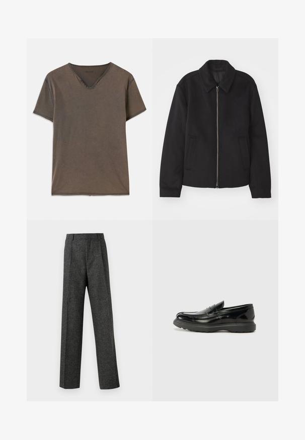 Zwarte jas met ritssluiting, op maat gemaakte ontwerp, ronde kraag en splitzakken. Gemaakt van een gladde, gestructureerde stof.; Bruin T-shirt met korte mouwen en V-hals, vier decoratieve knopen bij de hals en contrasterende stiksels langs de randen.; Grijze op maat gemaakte broek van gestructureerde stof, met twee voorplooien en een rechte pijp. Geen zichtbare zakken of versieringen.; Zwarte leren instapper met een glanzende afwerking, een ronde neus, subtiele stiksels en een dikke rubberen zool voor duurzaamheid.