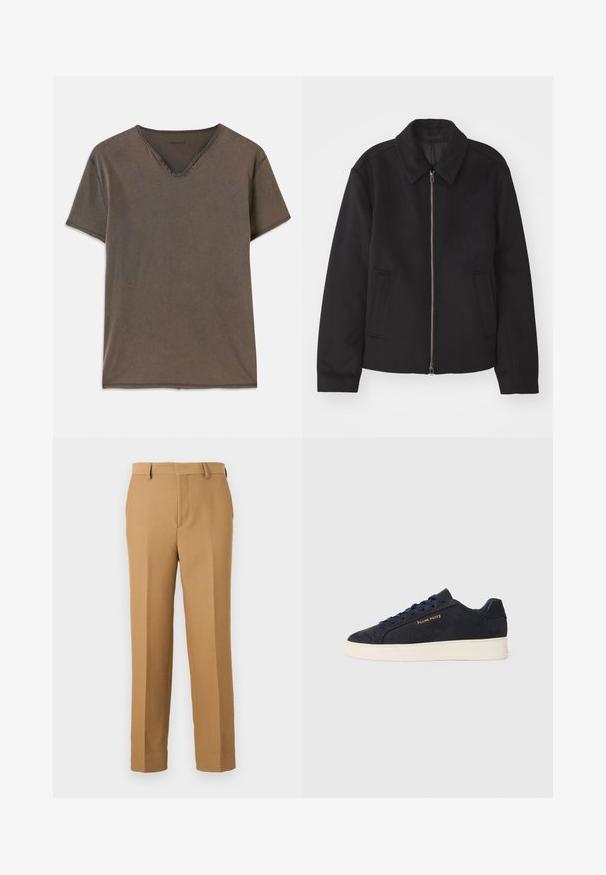 Sort jakke med lynlås, skræddersyet design, rund krave og slidser. Fremstillet af et glat, textureret stof.; Brun kortærmet T-shirt med V-hals, fire dekorative knapper nær halsen og kontrastsyning langs kanterne.; Beige bukser lavet af vævet stof, med lige snit, flad front og bæltestropper. Glat tekstur uden synlige mønstre.; Mørkeblå ruskinds lavtop sneaker med hvid sål, mørkeblå snørebånd og "Filling Pieces" logo i guld på siden.